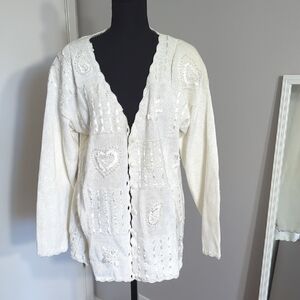 Cream Knit Button-Front Women's Cardigan with Heart Detail
